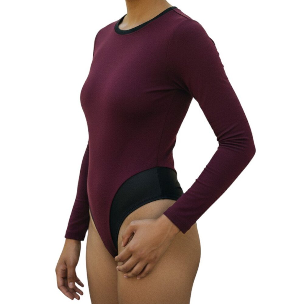 FABLETICS Maroon Long Sleeve Karleen Bodysuit with Black Trim - Lg (10/12) - NWT